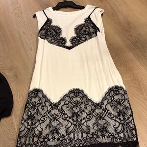 Maeve White Lace-Trim Slip Dress with Black Lace Detailing